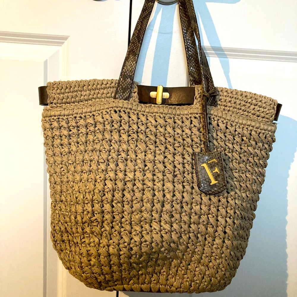 FURLA Straw and Leather Tote